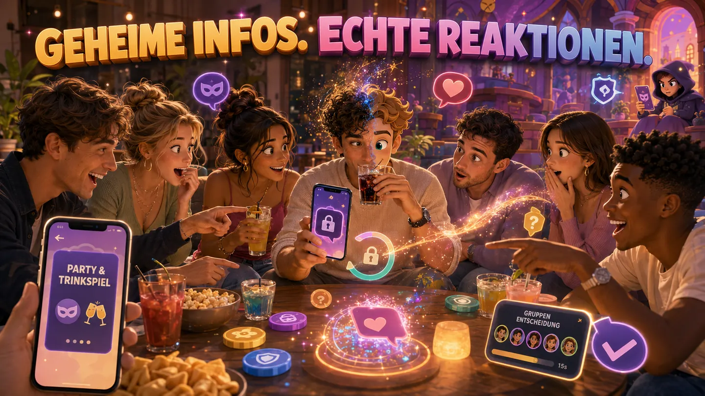 Freundesgruppe an einem Tisch: einer liest eine geheime Information auf seinem Handy, die anderen reagieren überrascht, während die Szene nach rechts in die animierte Chimera-Spielwelt übergeht