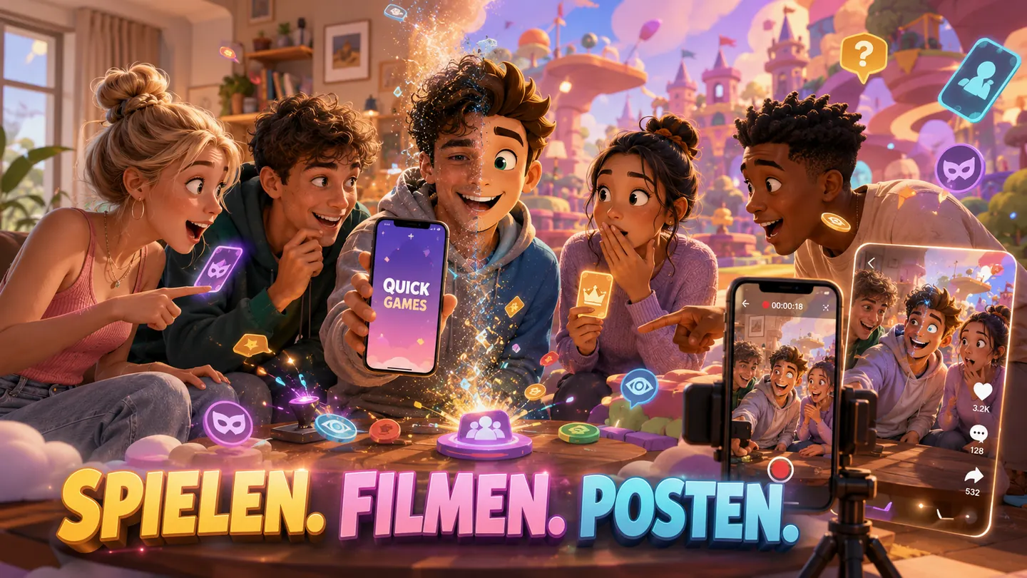 Fünf Freunde spielen ein Chimera Quick Game, daneben filmt ein Smartphone auf einem Stativ ihre Reaktionen im Hochformat