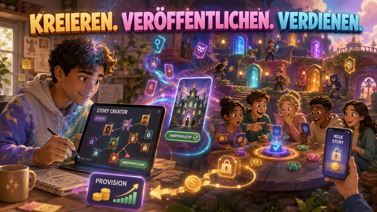 Ein Story Creator baut am Tablet eine verzweigte Geschichte, rechts entdeckt und spielt eine Gruppe die veröffentlichte Story, dazwischen fließt die Provision zurück zum Creator