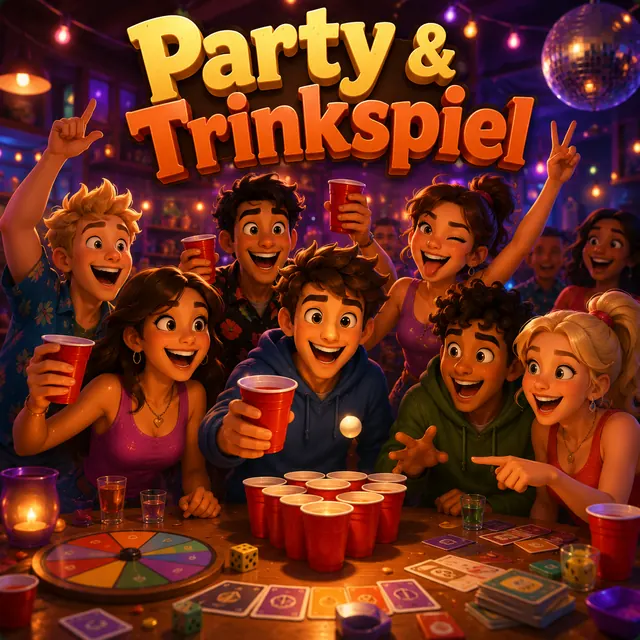 Kategorie Party und Trinkspiel: eine ausgelassene Runde an einem Tisch mit Getränken